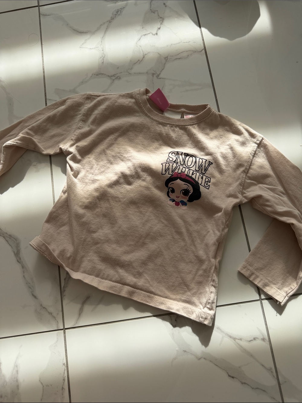 Zara Beige Snow White Long Sleeve Tee with Pink Accent